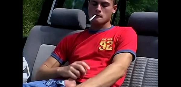  Lusty twink fuckers masturbate together and smoke outdoors